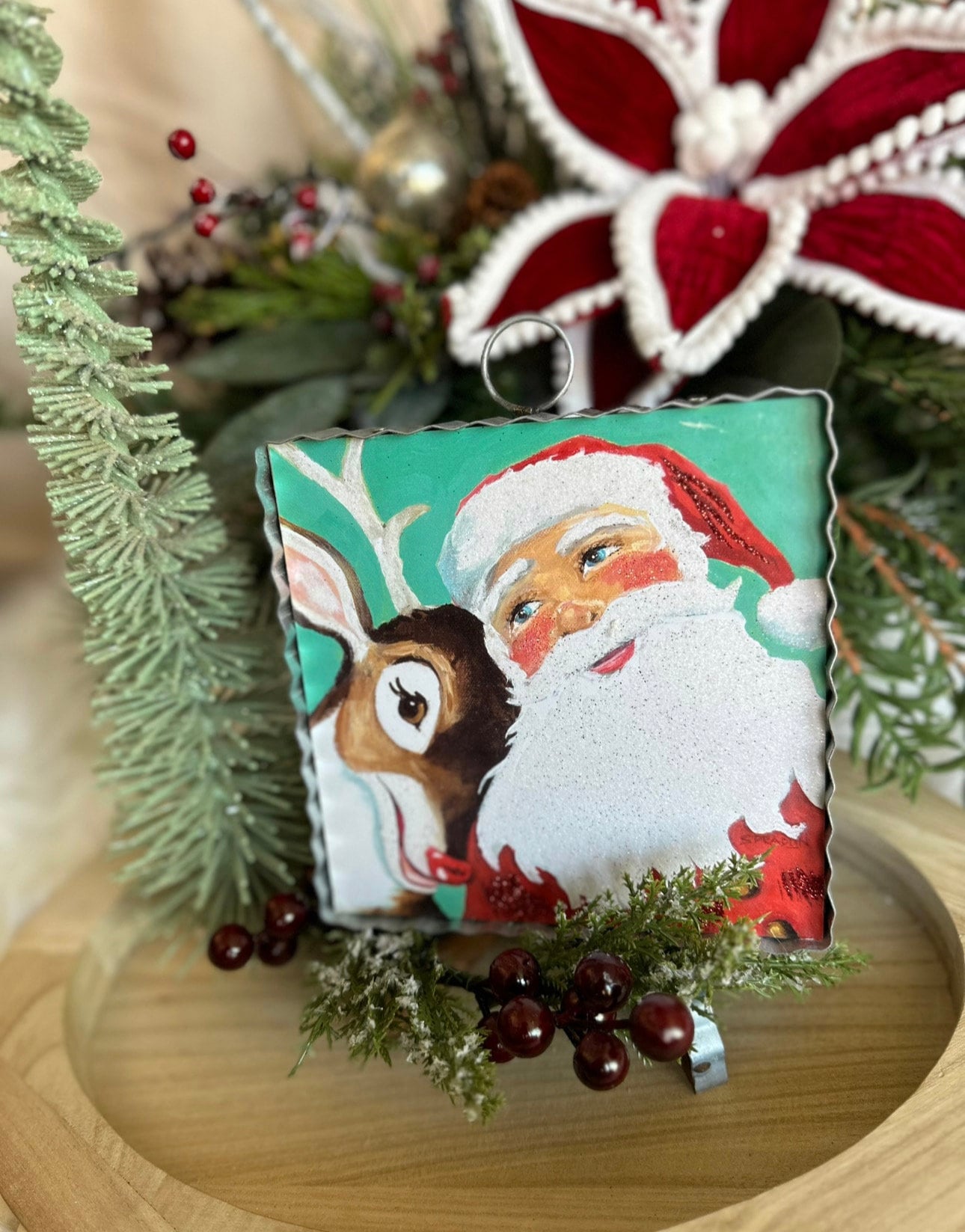 Santa with Rudolph and Turquoise Background Mini Print