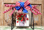 Load image into Gallery viewer, Americana: Bucket of Red Geraniums and American Flag Mini Print
