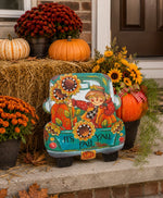 Load image into Gallery viewer, It’s Fall Y’all Metal Stake in Turquoise Truck with Scarecrow and Sunflowers
