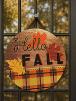 Load image into Gallery viewer, Hello Fall Plaid Door Hanger with Leaf Accents and Wood Background
