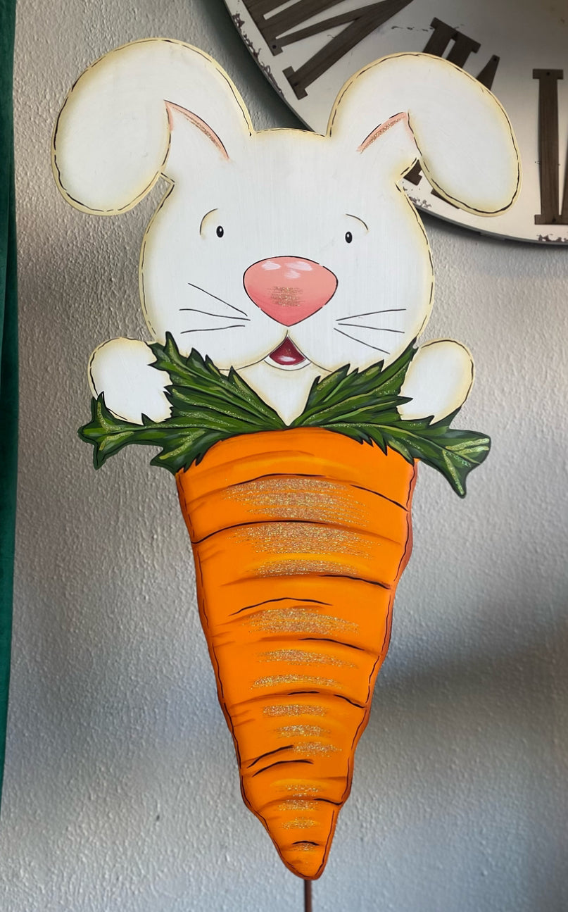 White Bunny Metal Yard Carrot Indoor or Outdoor Stake