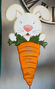 White Bunny Metal Yard Carrot Indoor or Outdoor Stake