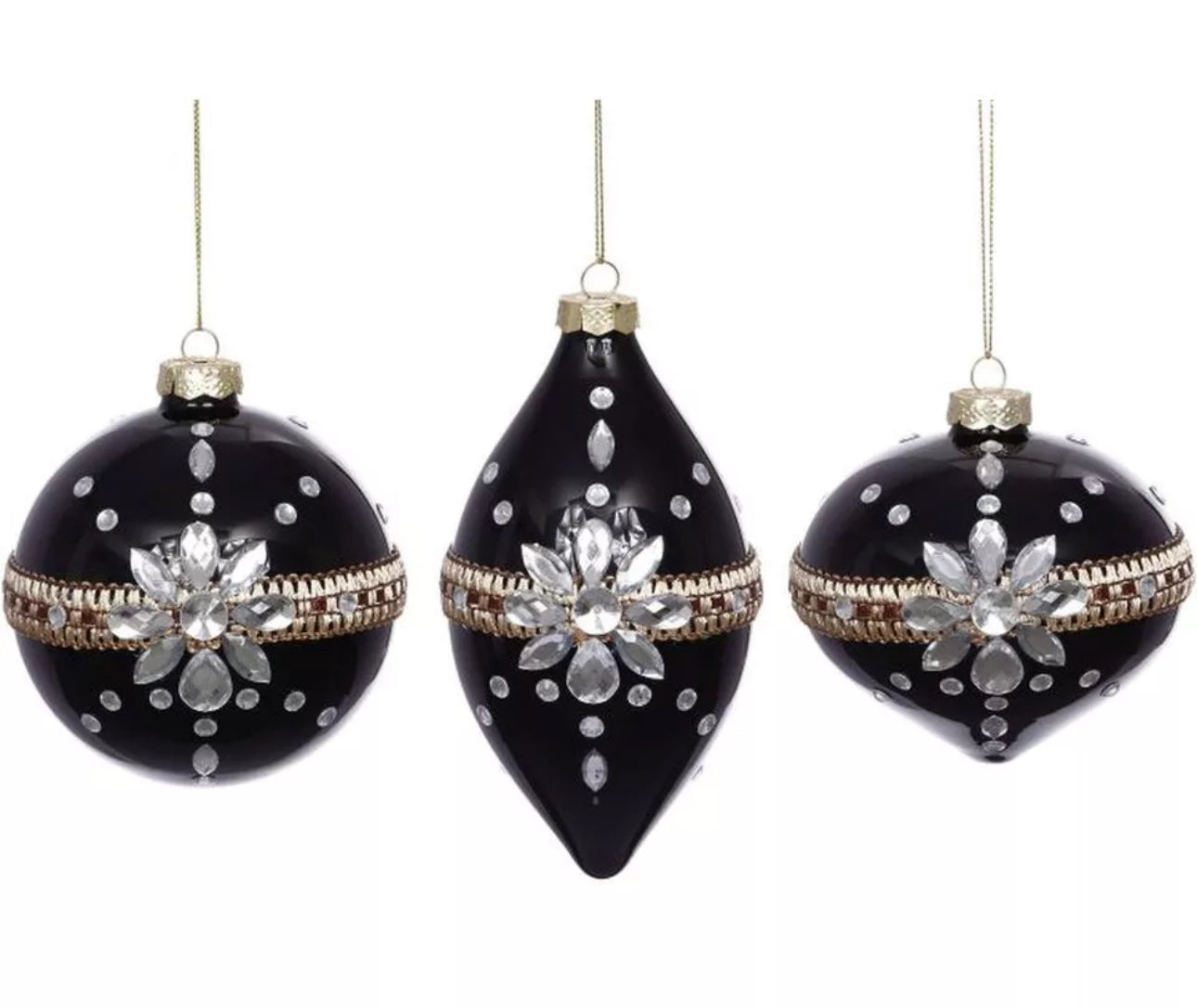 Set of 3 Embellished Glam Black Jeweled Ornaments