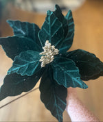 Load image into Gallery viewer, Emerald Green Velvet Poinsettias with Silver Gold Center 3-Pack
