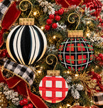 Load image into Gallery viewer, Whimsical Plaid, Stripe, &amp; Check Set of 3 Metal Shimmering Ornaments
