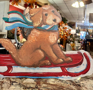 Sledding Golden Doodle on Red Sleigh Metal Outdoor Stake