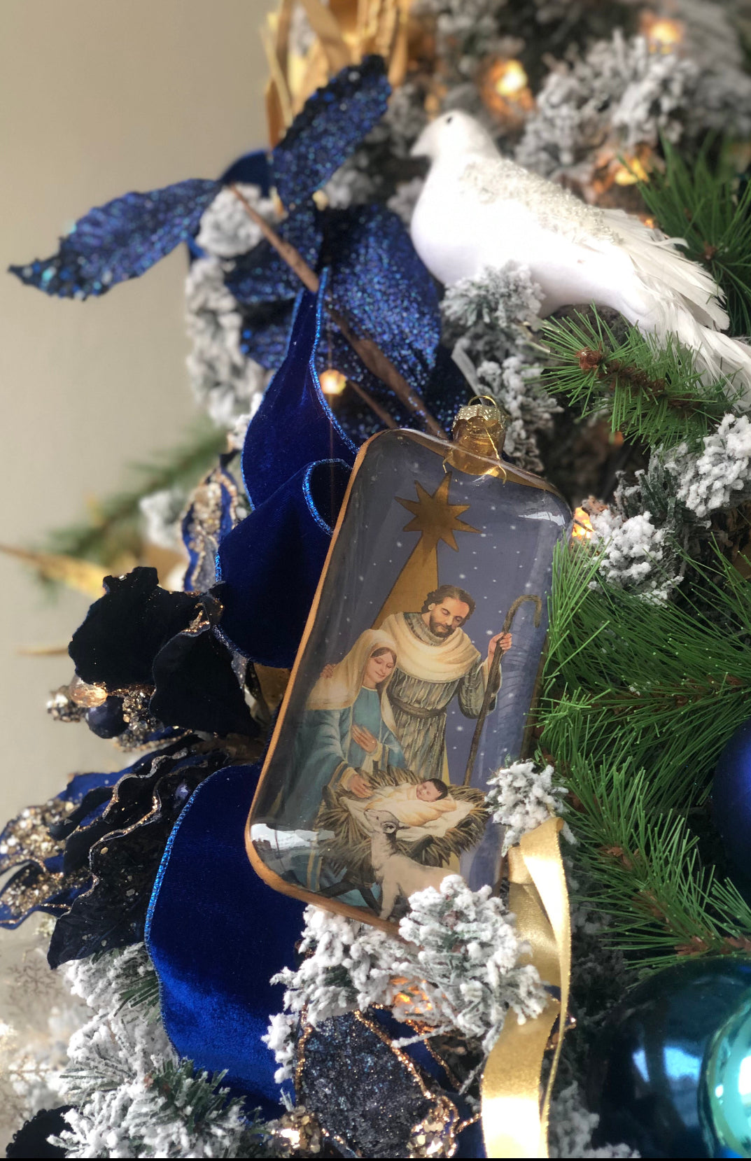 Glass Blue Nativity & Gold Ornament