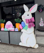 Load image into Gallery viewer, Huge White Rabbit with Hot Pink Bow Metal Stake Right Facing
