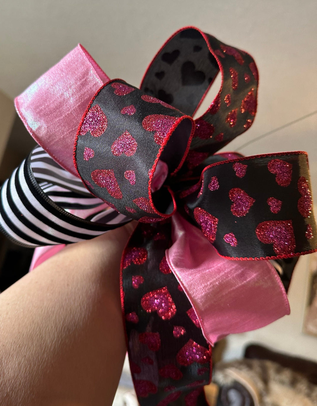 Pink, Red, Black Heart Sparkling Bow