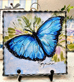 Load image into Gallery viewer, Blue Butterfly Galvanized Framed Mini Print with Floral Accents
