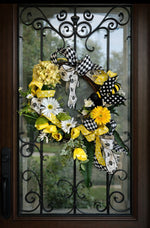 Load image into Gallery viewer, Yellow Bee Spring Door Wreath with Daisies, Hydrangea &amp; Designer Ribbon
