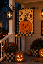 Load image into Gallery viewer, Large Jack O' Lantern Outdoor Flag with Check And Polka Dot Border
