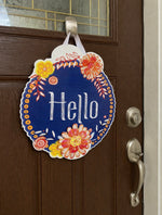 Load image into Gallery viewer, Hello Blue Background Door Hanger with Bordering Orange &amp; Yellow Flowers
