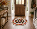 Load image into Gallery viewer, Pumpkin Round Bamboo Rug Black and White Checkered Pattern with Fall Leaves Border
