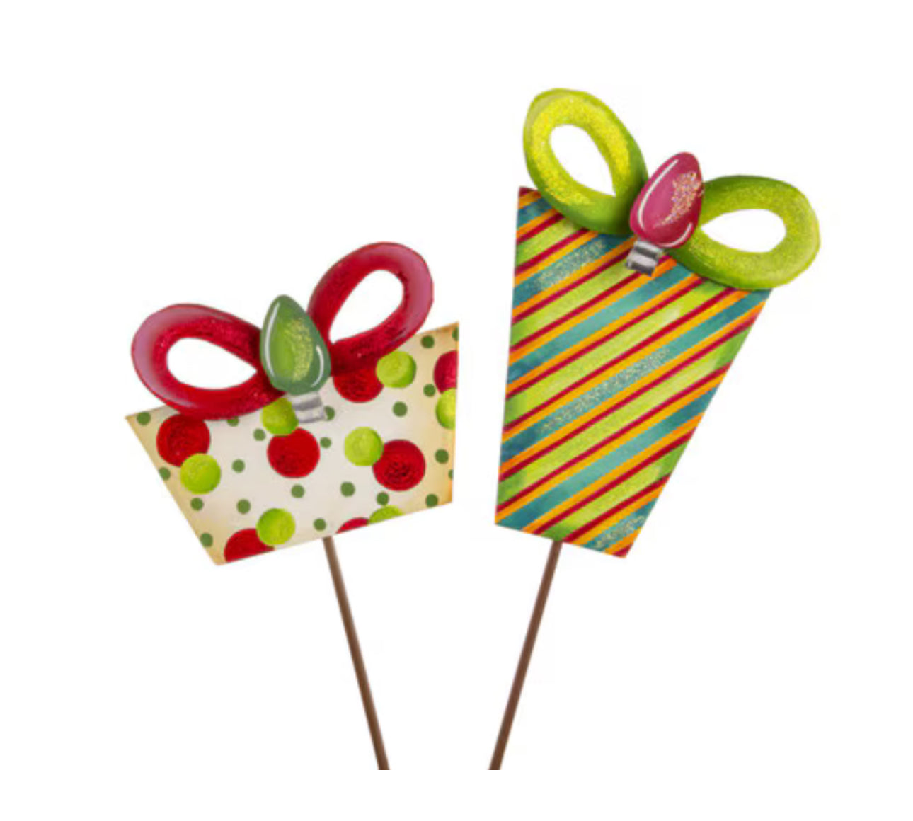 Set of 2 Red & Green Stripe/Polka Dot Packages Metal Stake Outdoor or Indoor