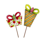 Load image into Gallery viewer, Set of 2 Red &amp; Green Stripe/Polka Dot Packages Metal Stake Outdoor or Indoor

