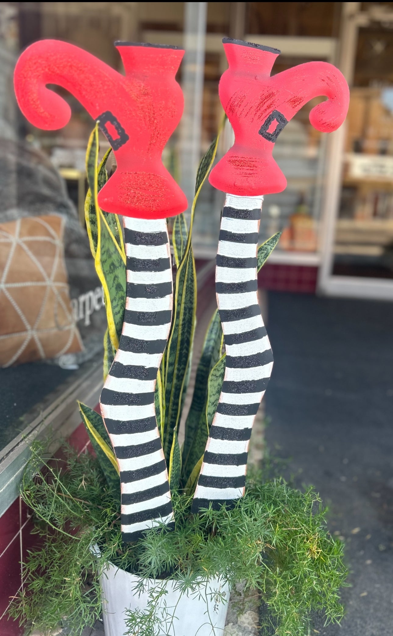 Witches Striped Black & White Metal Legs with Red Shoes Sign with Stake