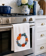 Load image into Gallery viewer, Fall Kitchen White, Teal, Blue, Orange Pumpkin Wreath Towel
