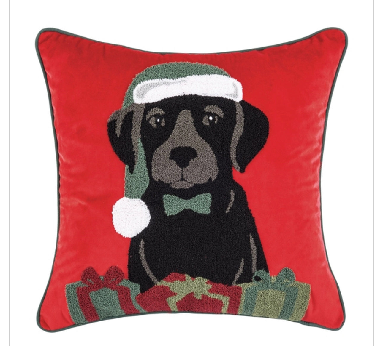 Black Puppy Red Velvet Christmas Pillow with Presents