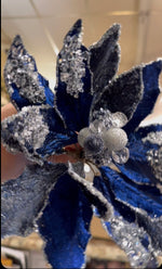 Load image into Gallery viewer, Navy/Blue Glam White Crystal Velvet Poinsettia with Sequins Pack of 3
