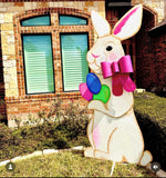 Load image into Gallery viewer, Huge White Rabbit with Hot Pink Bow Metal Stake Right Facing
