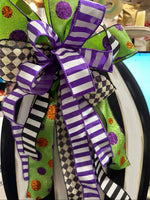 Load image into Gallery viewer, (4) Option Bows: Whimsical Custom Bows Harlequin Black, White, Bright Green, Pink Pumpkin, Stripe Ribbon, Purple, Orange
