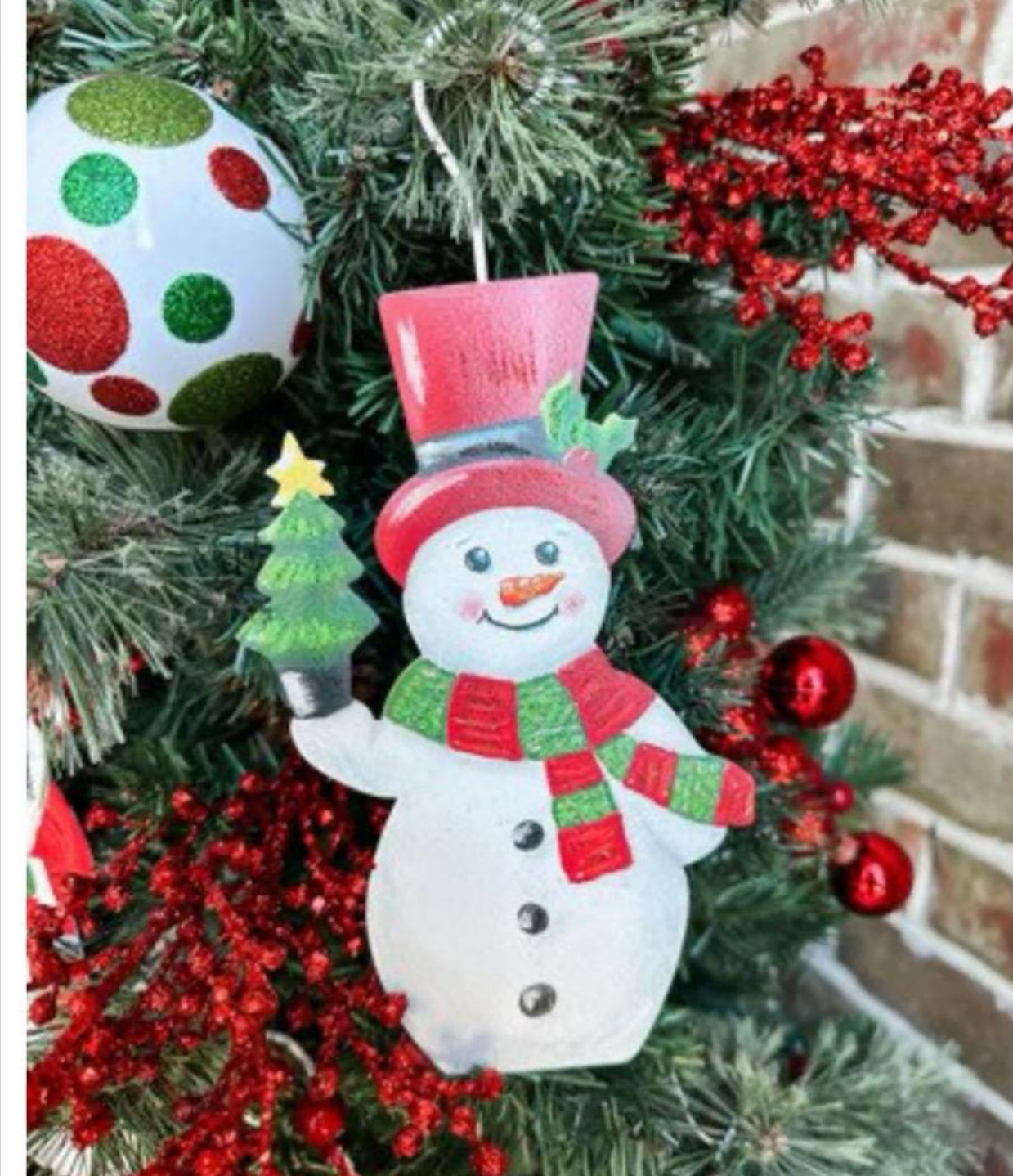 Snowman White, Red, Black Metal Ornament