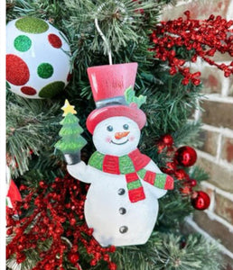 Snowman White, Red, Black Metal Ornament