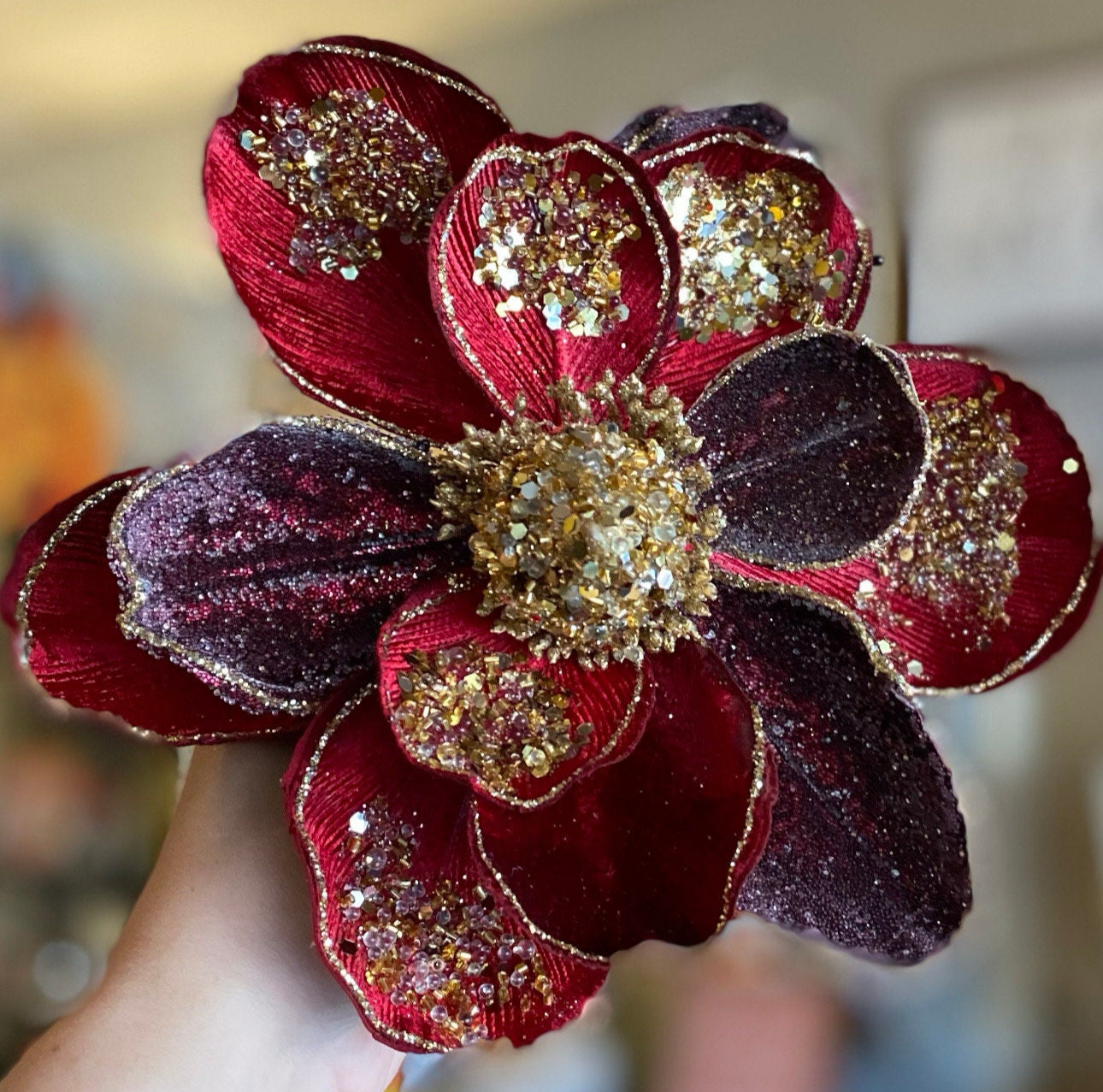 Glam Burgundy/Plum Velvet Magnolia with Gold Sequins Pack of 3