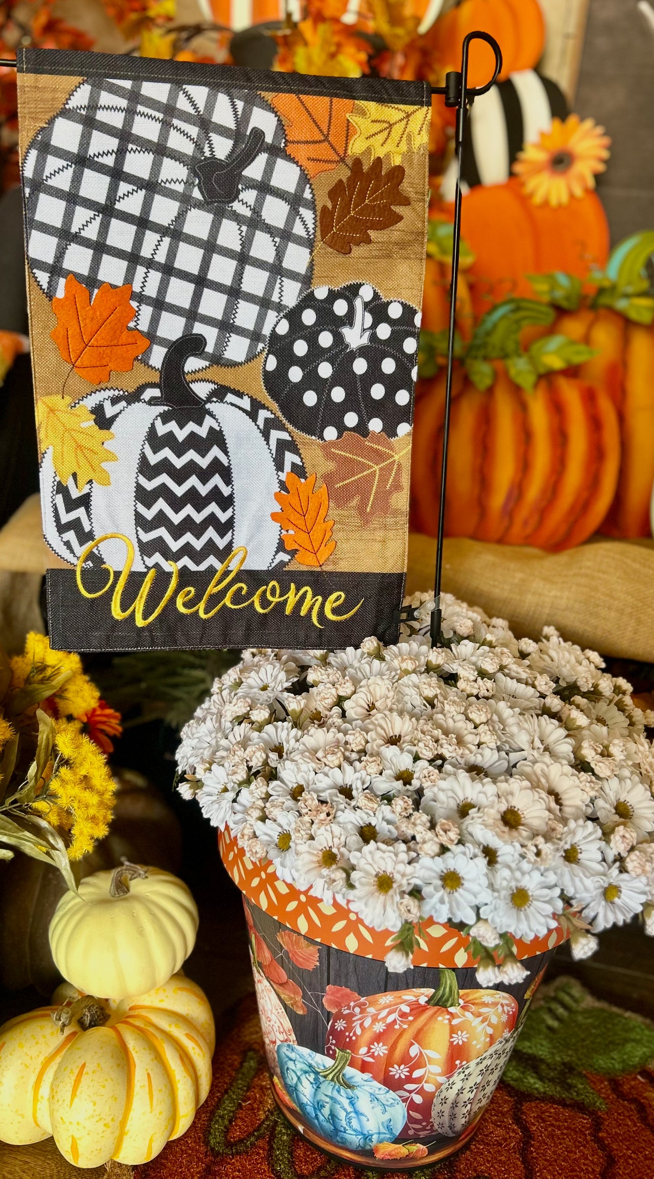 Fall Halloween Pumpkin Chevron, Polka Dot, Check Embroidered Flag with Leaf Patches Outdoor