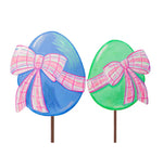 Load image into Gallery viewer, Set of 2 Eggs with Plaid Bows in Periwinkle and Green Stake
