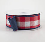 Load image into Gallery viewer, Americana: 1.5" Two Sided Buffalo Plaid &amp; Linen Ribbon: Red, White &amp; Navy (10 yards)
