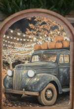Load image into Gallery viewer, Fall Blue Farm Truck Hauling Harvest Pumpkins Wood Frame Picture Arch Top
