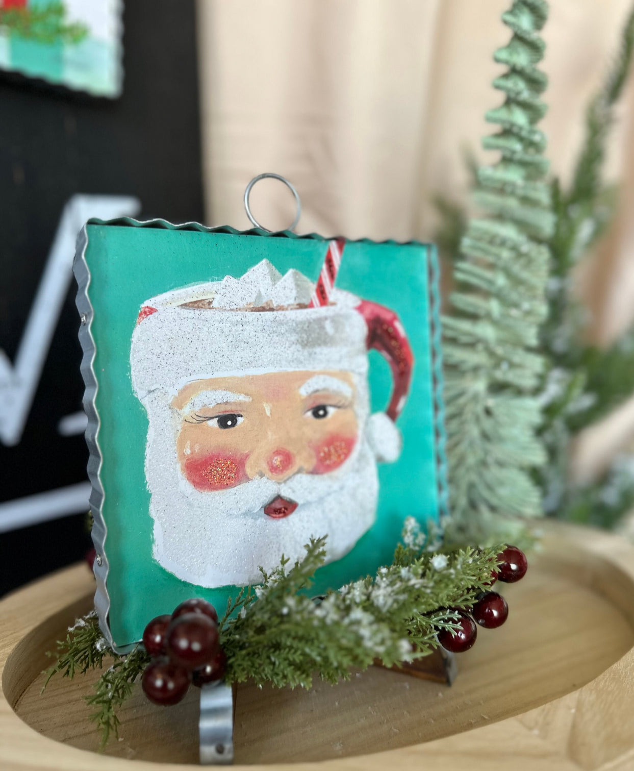 Santa Face Turquoise Mini Print with Galvanized Frame