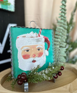 Santa Face Turquoise Mini Print with Galvanized Frame