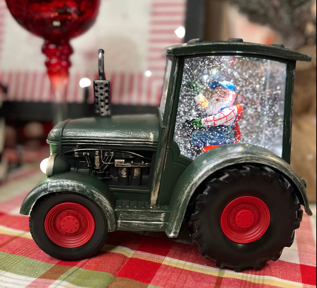 Red or Green Tractor Snow Globe with Santa driving, Tractor lights up