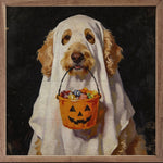 Load image into Gallery viewer, Golden Doodle Ghost Costume Halloween Wood Framed Picture 8”x8”
