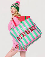 Load image into Gallery viewer, Pink, Green, and Red Stripe Tote Let’s Get Merry
