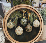 Load image into Gallery viewer, Round Christmas Ornaments with Dark Green, White, and Gold Color Wooden Art
