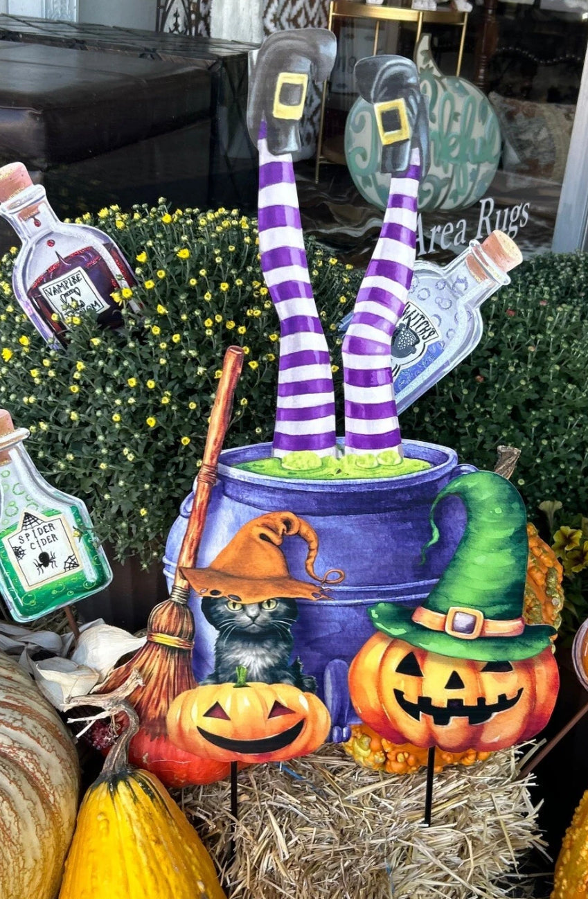 Witches Legs in Cauldron Stakes Attached with Black Cat, Jack-o-lantern, and Broom