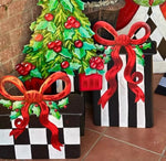 Load image into Gallery viewer, Christmas Black and White Stripe Red Packages Metal Stakes Set of 2
