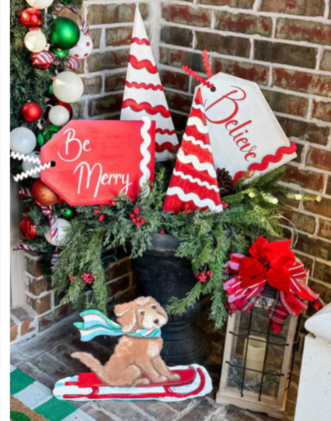 Sledding Golden Doodle on Red Sleigh Metal Outdoor Stake