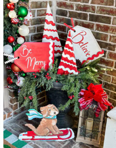 Sledding Golden Doodle on Red Sleigh Metal Outdoor Stake