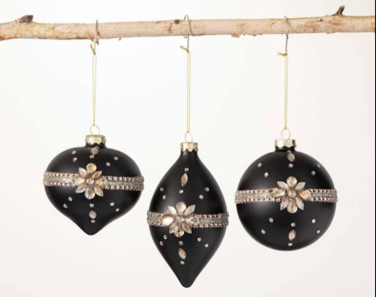 Set of 3 Embellished Glam Black Jeweled Ornaments