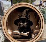 Load image into Gallery viewer, Black Cat with Witch Hat and Spell Book 8” Round Framed Picture
