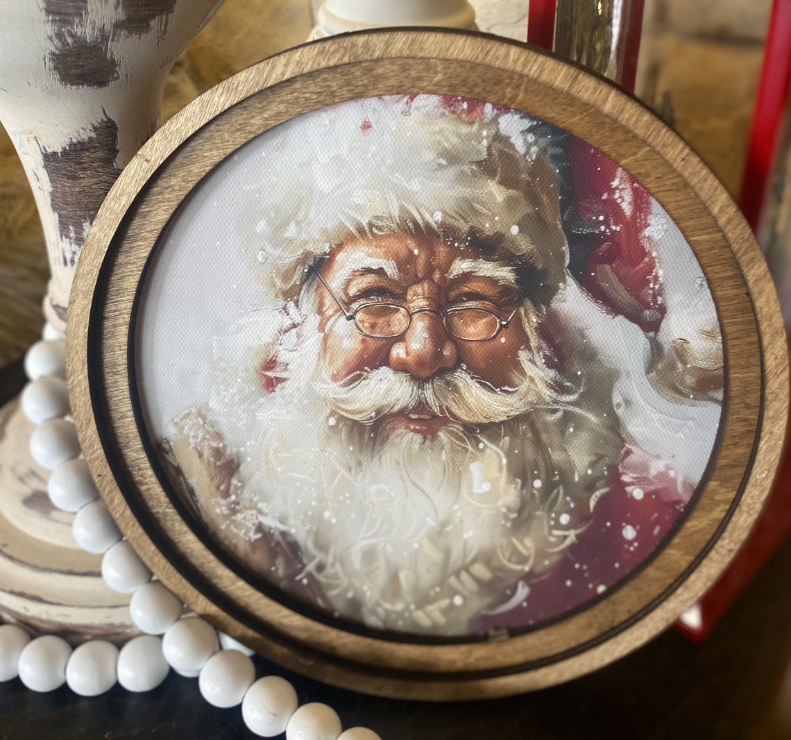 Arch Top Wooden Classic Santa Art with Snow or Round Wood Frame