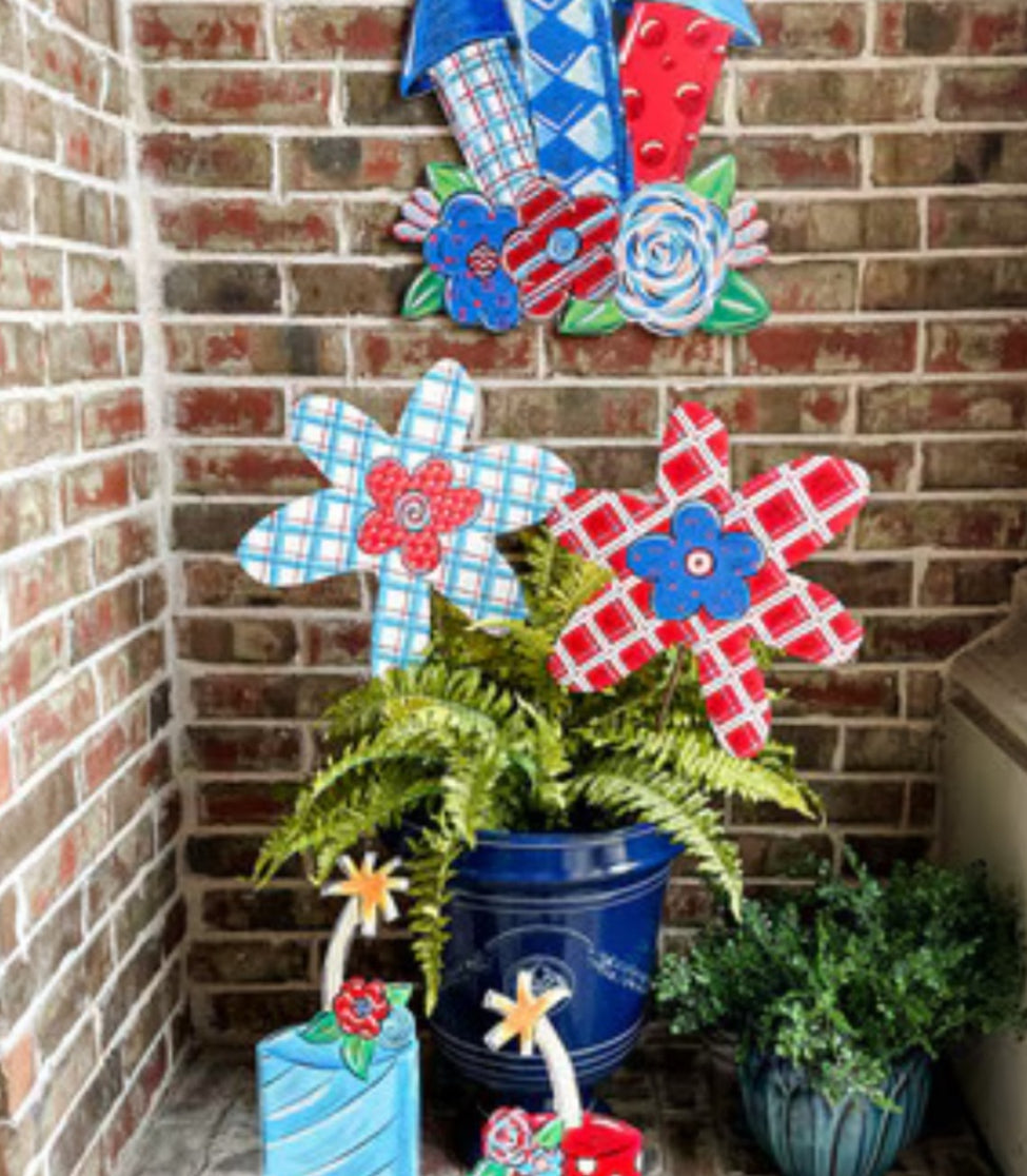 Americana: Set of 2 Red, White, and Blue Fireworks Polka Dot Metal Stakes