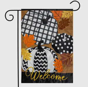 Fall Halloween Pumpkin Chevron, Polka Dot, Check Embroidered Flag with Leaf Patches Outdoor