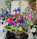 Load image into Gallery viewer, Summer Garden Bright Pink, Purple, and Green Floral Arrangement in Bronze Gold Container
