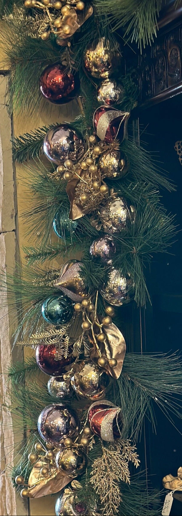 6’ Vintage Pine Garland in Gold, Turquoise, Silver, Wine